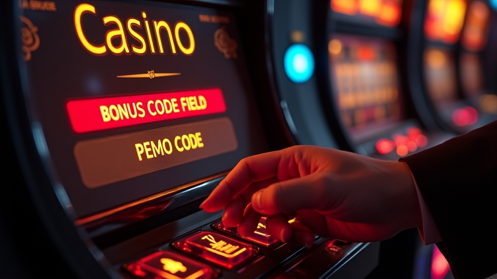 Casino-Bildschirm mit Eingabefeld für Bonuscode und Slot-Maschine im Hintergrund